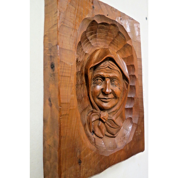 Vintage Relief Carved Wood Wall Hanging - 3D Woman Face Portrait Signed GW - Picture 4 of 5